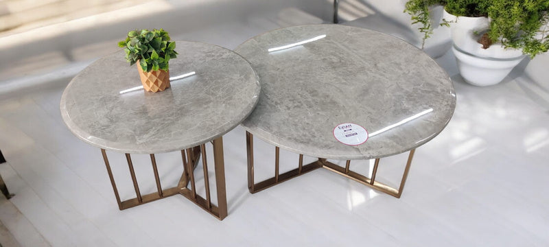 Evian Marble Top Round Center Table With Stainless Steel Base In Rose Gold Colour