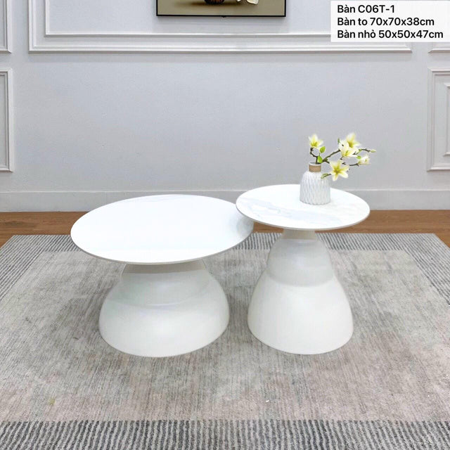 Evian Round Ceramic Top Mattel Base Center Table In White Colour